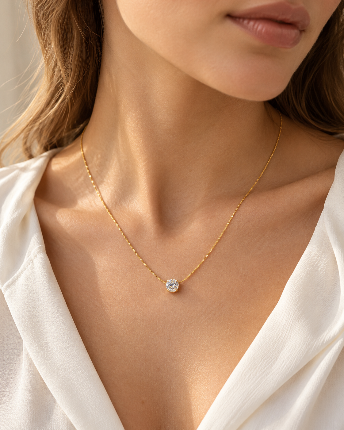 Solitaire Ketting – Rond / Goud – BIYO draagimpressie